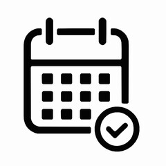 Modern black and white calendar icon with checkmark indicating task completion for digital applications