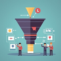 Data Visualization: Business professionals interacting with data funnel. Illustrating process of conversion through data visualization of insights and metrics.