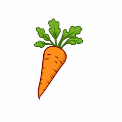 Vibrant cartoon illustration of an orange carrot with green leaves against a clean white background representing fresh vegetables and healthy eating habits