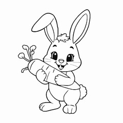 Obraz premium Cute cartoon bunny holding a large carrot smiling with happiness suitable for easter illustrations spring designs and children's coloring books
