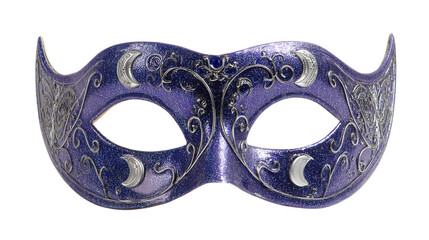 Elegant purple masquerade mask with silver accents, isolated on transparent background, PNG
