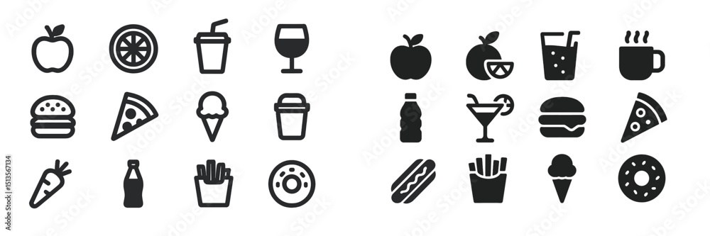 Poster various food and drink icons representing popular snacks and beverages commonly enjoyed in casual se