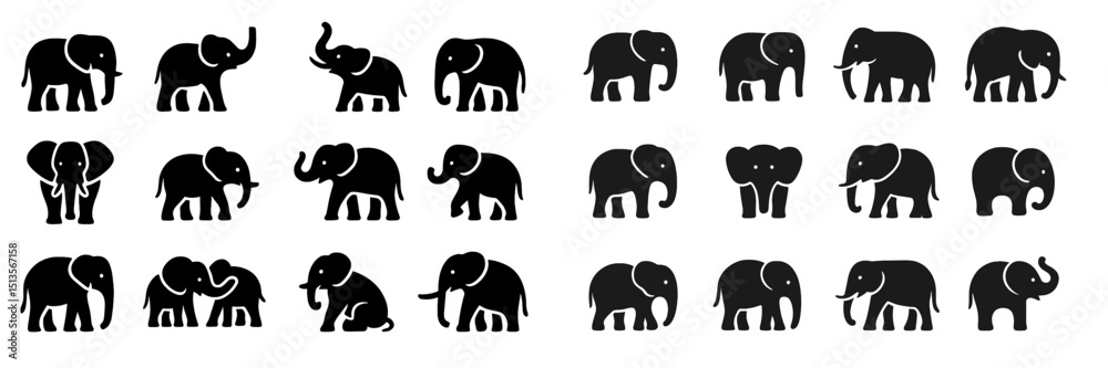 Aufkleber black silhouettes of elephants in various poses showcasing their unique behaviors and interactions i