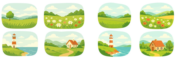 Obraz premium Scenic countryside landscape featuring lush fields, colorful flowers, and charming lighthouses along the coast
