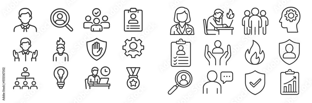 Poster Collection of minimalist icons representing various professional activities and concepts related to business and healthcare situations during daytime