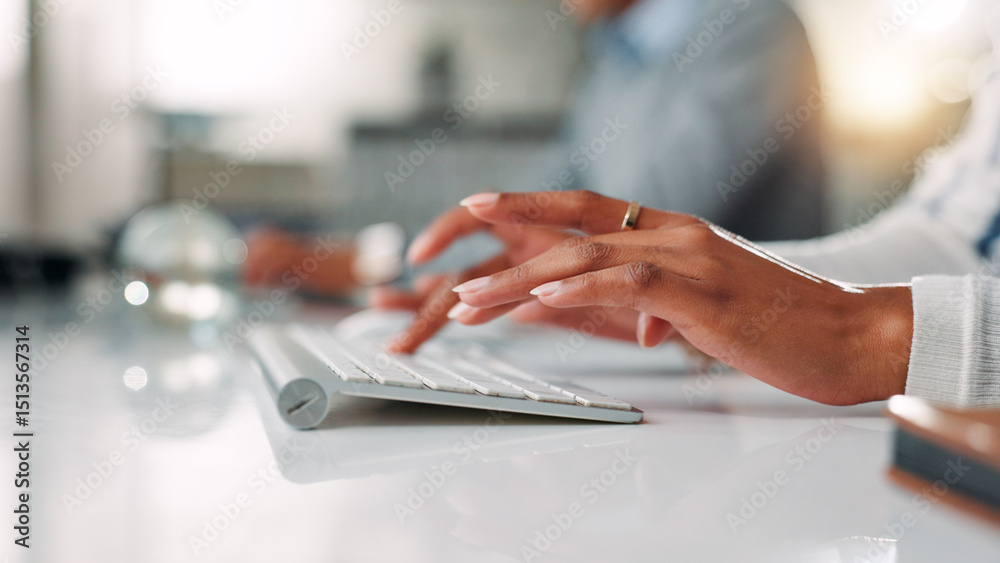 Poster computer, hands and keyboard with business person at desk in office for administration or report. pl