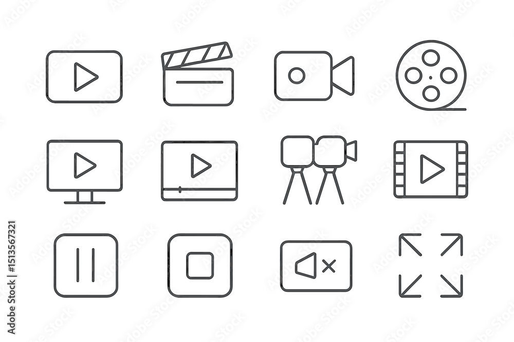 Poster collection of simple icons representing various aspects of video production and playback activities
