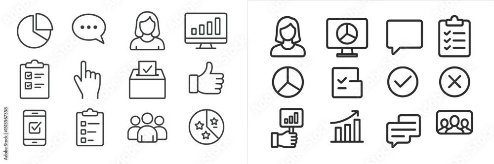 Aufkleber Collection of business and communication icons representing data analysis, feedback, and teamwork in a modern workplace setting