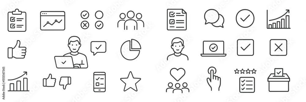 Poster icons representing various aspects of teamwork, data analysis, and feedback collection in a modern, 