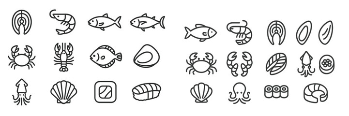 Fototapeta premium Collection of various seafood illustrations featuring shrimp, fish, and shellfish in simple line art style