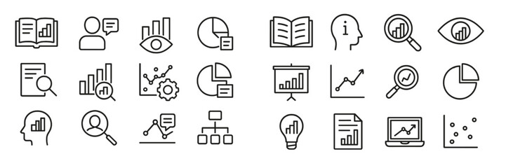 Collection of data analysis and visualization icons representing various tools and techniques used in research and reporting