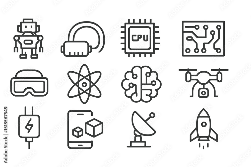 Poster Collection of technology icons depicting robotics, artificial intelligence, and electronic components