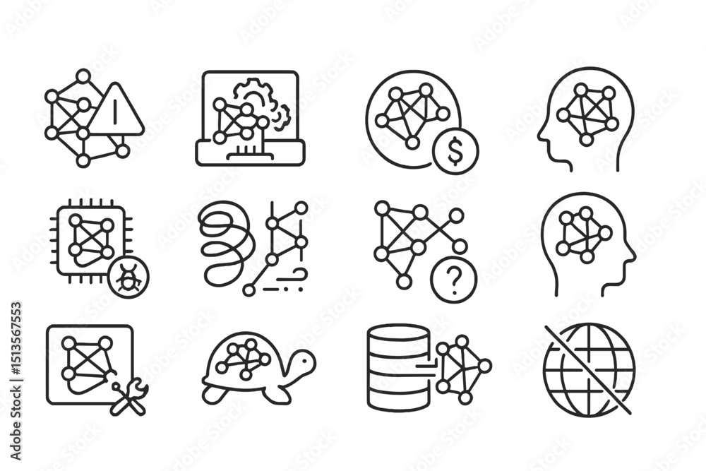 Poster various icons representing concepts related to artificial intelligence and neural networks