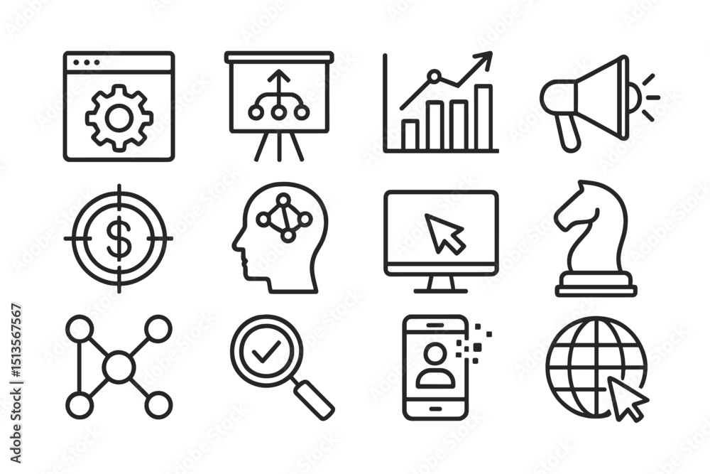 Leinwandbilder vector icons representing various digital marketing and analytics concepts that enhance online busin