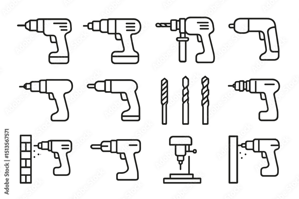Poster set of various drill designs showcasing different types of drill tools for construction and manufact