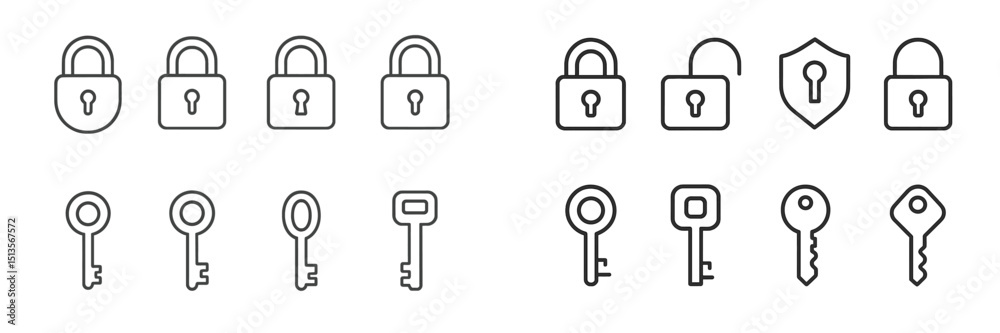 Poster collection of padlocks and keys illustrating security concepts for various applications in a simple,