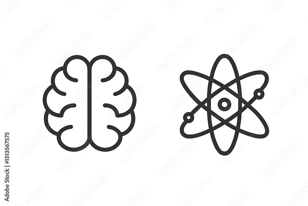 Poster icons representing the interplay between neuroscience and atomic science reflecting complex ideas an