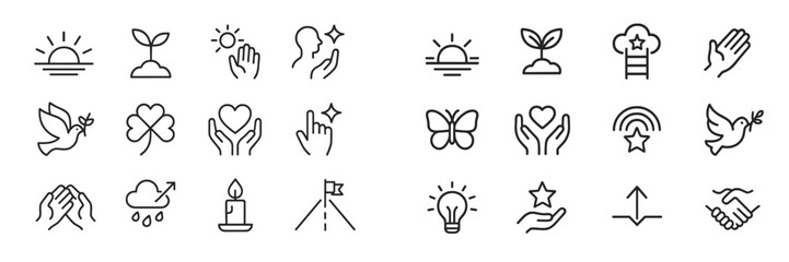 Variety of simple line icons representing concepts of growth, peace, and hope in a minimalist style