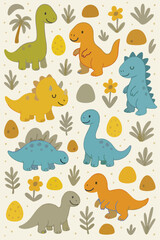 Dinosaur Colourful Cute Reptilian Adorable Happy Print Design in Vector