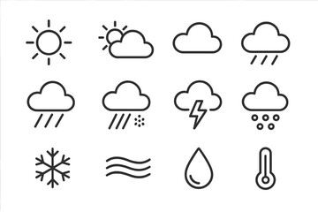 Obraz premium Weather symbols representing various conditions including sun, rain, snow, and thunderstorms
