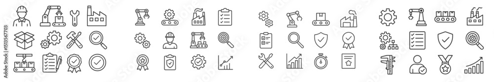 Poster modern industrial icons representing various aspects of factory work and manufacturing processes in 
