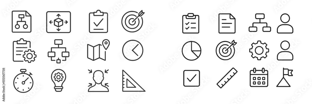 Poster icons representing project management, productivity tools, and organizational tasks in a minimalist 
