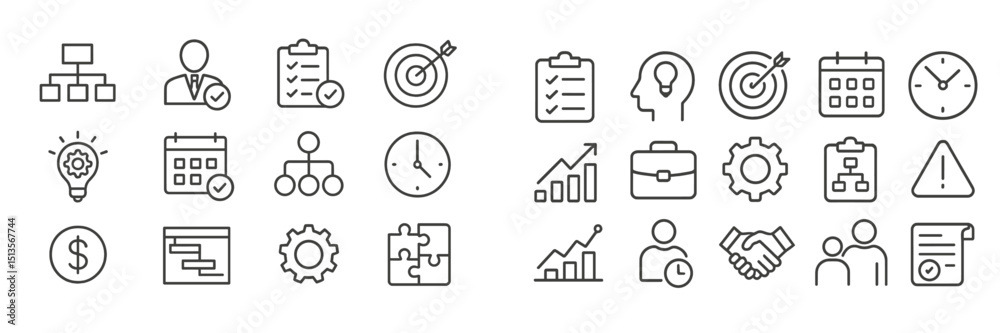 Poster collection of business and productivity icons illustrating various concepts like teamwork, time mana