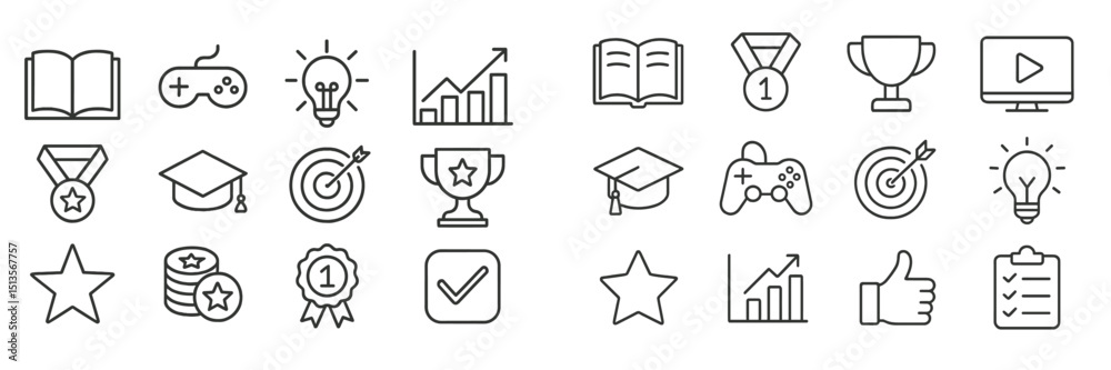 Poster collection of simple icons representing education, achievement, and gaming in a clean line art style