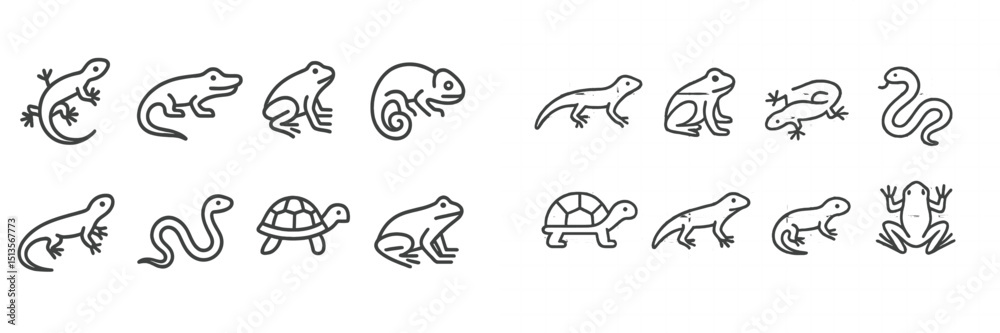 Poster vector illustrations of reptiles and amphibians in various poses and designs showcasing their unique