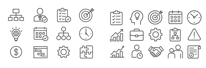 Collection of business and productivity icons illustrating various concepts like teamwork, time management, and planning