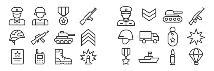 Military symbols and icons representing various aspects of armed forces, including personnel, equipment, and medals