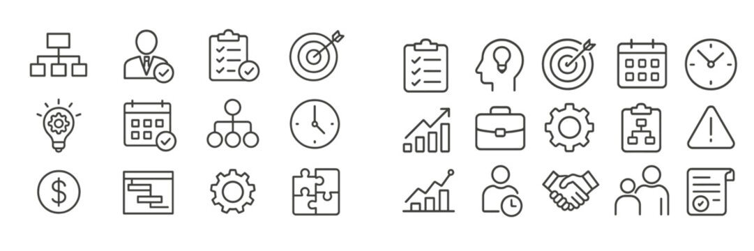Collection of business and productivity icons illustrating various concepts like teamwork, time management, and planning