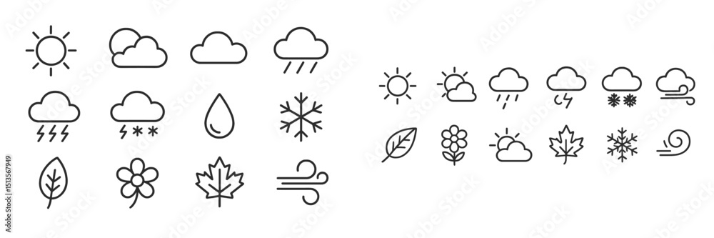 Poster weather icons representing various climate conditions and seasons with simple line designs