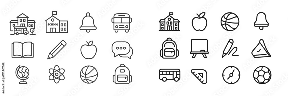 Poster Collection of school-related icons depicting various educational tools and symbols in a simple line art style