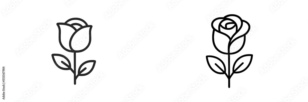 Aufkleber stylized black and white line drawings of two roses with distinct shapes and petal details on a plai