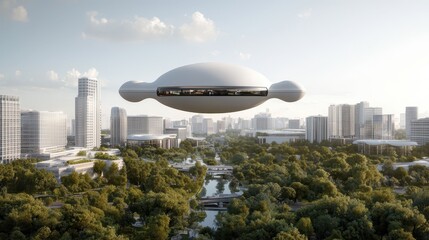 Fototapeta premium economy growth sustainability concept. Futuristic cityscape with a hovering spacecraft above lush greenery.