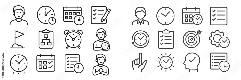 Poster People managing time with various icons and symbols illustrating organization and productivity in a modern office setting