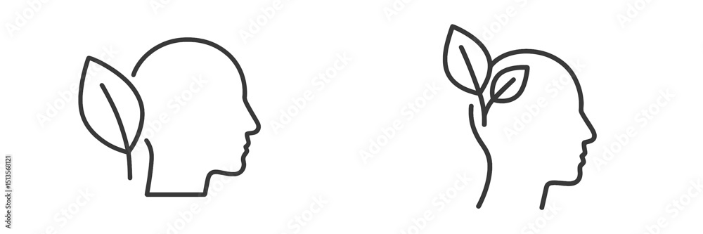 Poster symbolic representation of nature and mind connection with leaf and head outlines ideal for wellness