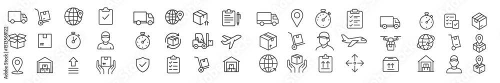Poster delivery and logistics icons representing various aspects of shipping, tracking, and transportation 