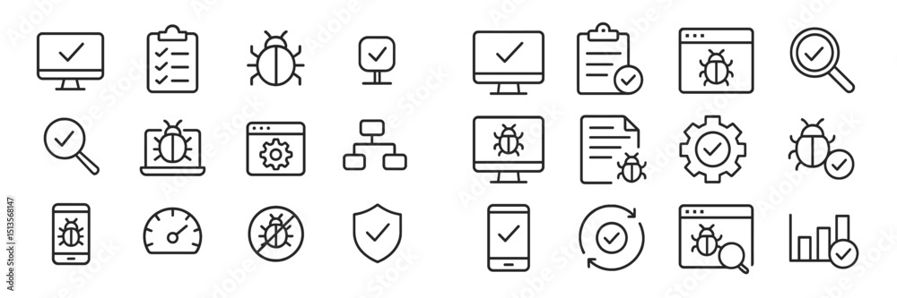 Poster collection of software testing and debugging icons representing various activities and tools in tech