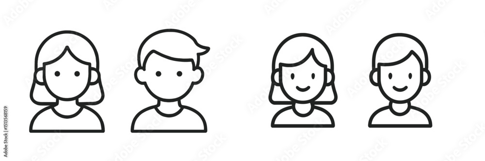 Aufkleber Simple line drawings of four diverse characters showcasing various expressions, portraying emotions of joy and neutrality in a minimalistic style