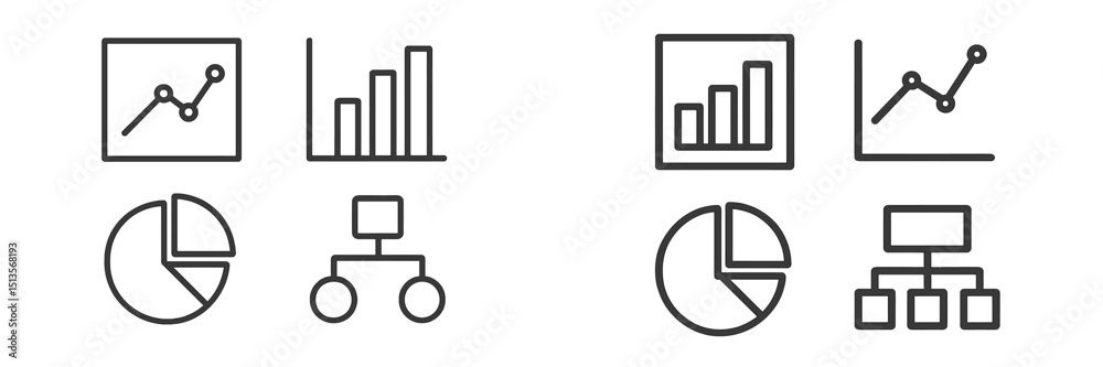 Poster graphs and charts display various data visualization methods for analytical purposes in a business c