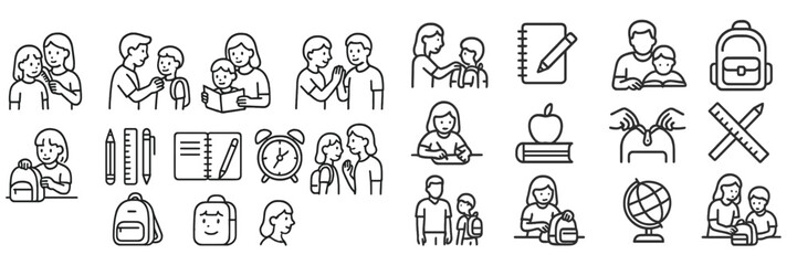 Icons depicting various school-related activities and elements in line art style for educational purposes