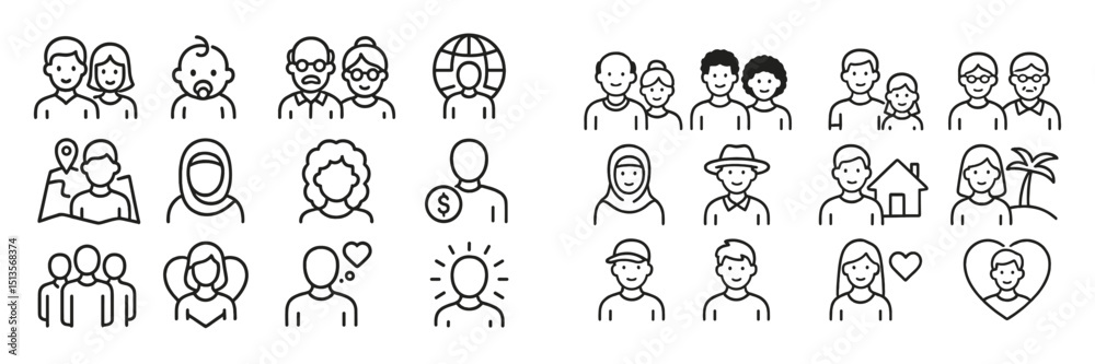 Poster diverse community interactions and connections represented through icon illustrations showcasing var