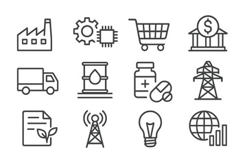 Icons representing various industries and activities in a modern economy showcasing technology, transportation, and energy sectors