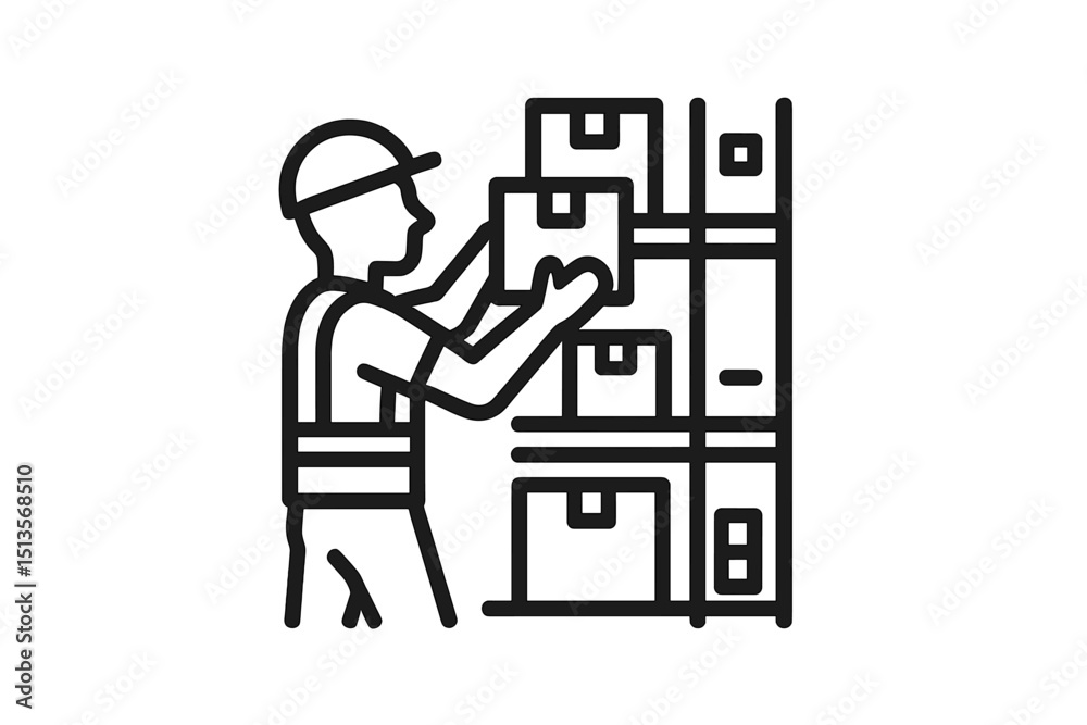 Poster Warehouse worker stacking boxes on shelves during a busy day of inventory management in a distribution center