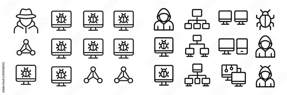 Fototapete Cybersecurity icons illustrating hacker activities and network structures in a digital environment