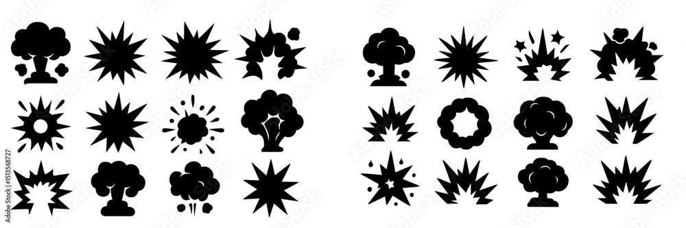 Poster Collection of explosion and blast graphics suitable for various design projects, showcasing different styles and shapes