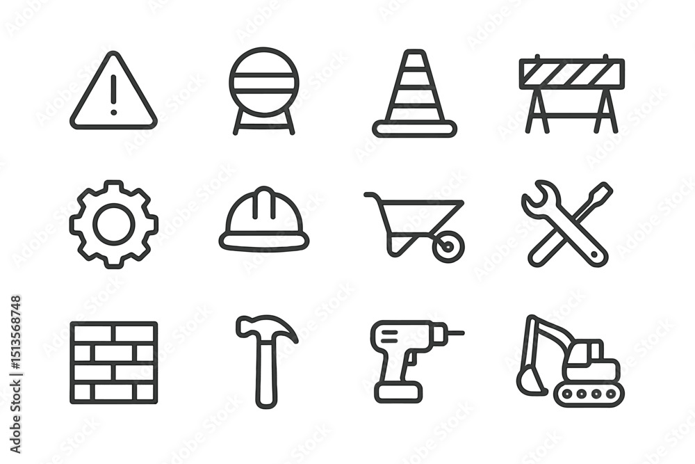 Poster construction icons representing safety, tools, and equipment for building projects in a simplified d