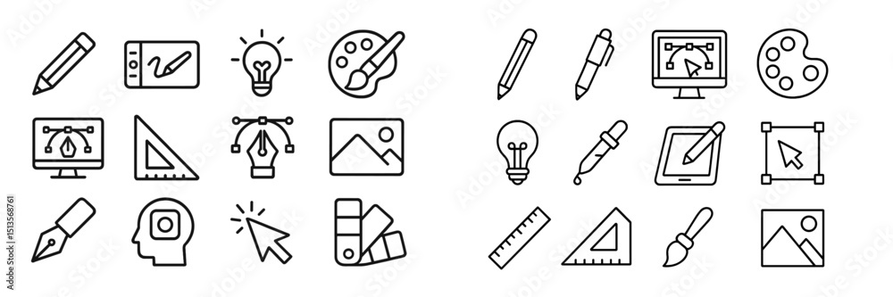 Poster Creative design tools and symbols arranged in a grid showcasing artistic concepts and ideas for various projects and activities